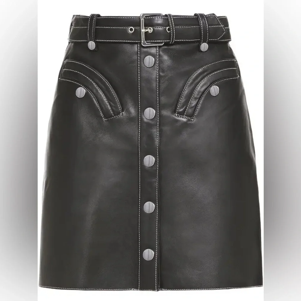 Maje Janaille Leather Belted Mini Skirt Black Silver Lambskin A-Line - Picture 2 of 8